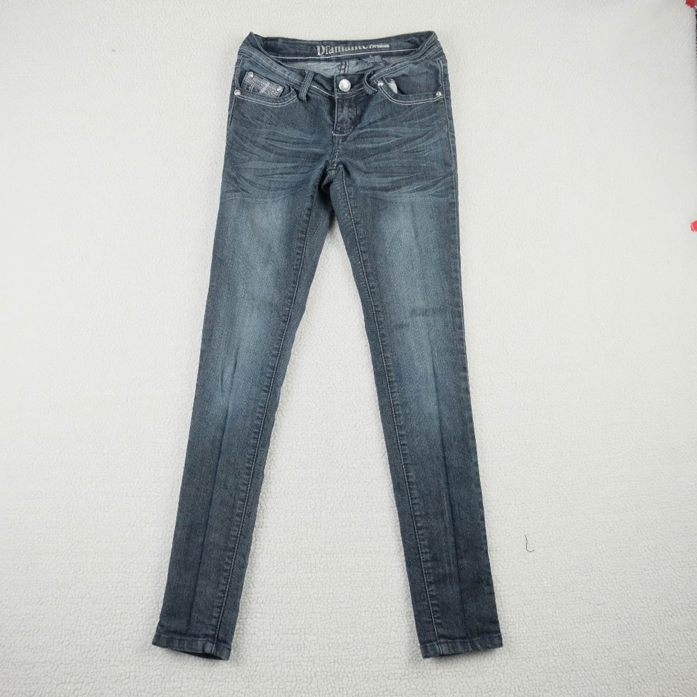 Vintage Blue Jeans Womens 3 4 Rhinstones Skinny Stone Wash Whiskers Denim 90s